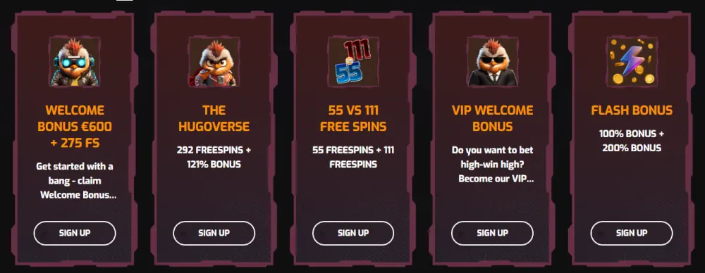 Hugo Casino promotionsgitter, der viser forskellige velkomst- og genopladningsbonusser.